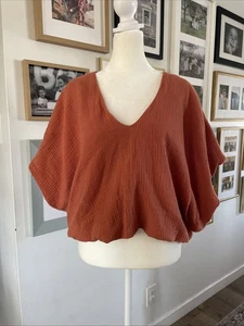Lush Women’s Carrot Orange Muslin Top Sz L 100% Cotton Cropped - Picture 1 of 7