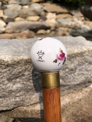 古董利摩日法国瓷花卉木黄铜甘蔗手绘 — 第 1/4 张图片