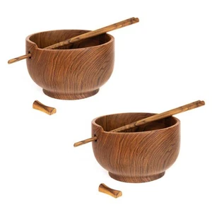 Set aus 2 javanischen Teakholz Ramen Suppenschüsseln mit Tee Essstäbchen - 5,5" Durchmesser... - Bild 1 von 7