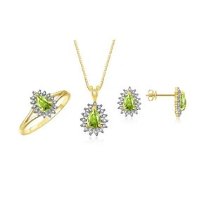 RYLOS YELLOW GOLD PLATED SILVER PERIDOT & DIAMOND HALO MATCHING SET SZ 5-10 - Picture 1 of 5