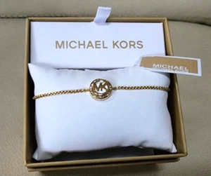 MICHAEL KORS Yellow Gold Tone MK Logo Crystal Pave Slide Bolo Bracelet NIB - Picture 1 of 6
