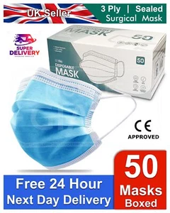 50 / 100 Disposable Mask BFE 95% Soft Breathable Elastical Ear Loops NOSE BRIDGE - Picture 1 of 14