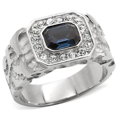 Anillo para hombre plata azul corte esmeralda anillo de acero inoxidable con cristal de primera calidad en Foto 1 de 4