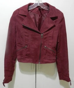 H &M Divided Burgundy Faux-Suede Cropped Moto Full-Zip Lined Jacket Size 6 - Picture 1 of 15