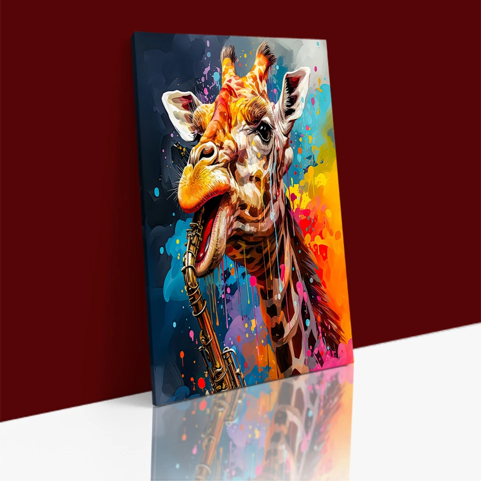 GIRAFFE PLAYING SAXOPHONE WATERCOLOR Abstract Canvas Wall Art Print Framed Decor - Image 1 of 2