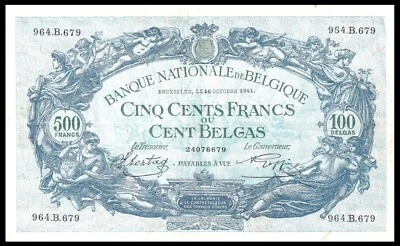 🇧🇪 BELGIUM 1941 500 FRANCS 100 BELGAS @ LARGE SIZE , RARE NOTE !!! - Image 1 of 2