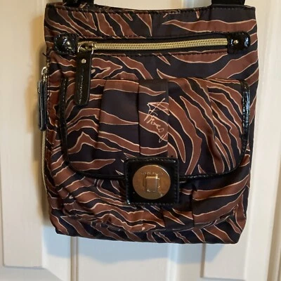 Franco Sarto Black and Brown Stripe Crossbody Bag, zippers and lots of pockets - Image 1 of 4