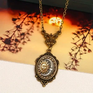 Sun Moon Gothic Bronze Necklace Jewelry Vintage Look Oval Pendant - Picture 1 of 5