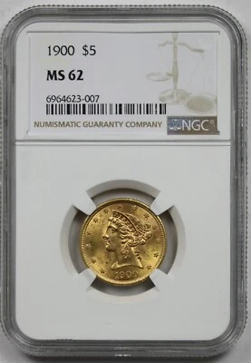 1900 年 5 美元 NGC 评级 MS 62 Liberty Head 金半鹰 — 第 1/4 张图片