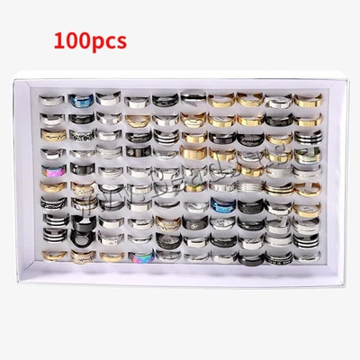 Lote a granel de 100 anillos de acero inoxidable mezclados al por mayor para hombre anillo de joyería de moda Foto 1 de 4