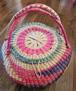 Vintage Boho Lg geflochtenes Schilfgeflecht Rattan Kobra Nähen Korb, Deckel, Griffe 13X16 - Bild 1 von 20