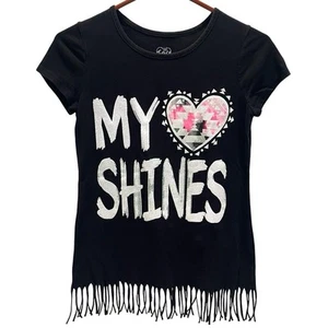 Justice Girls 14 My Heart Shines T Shirt Short Sleeve Black Fringe Glitter - Picture 1 of 3