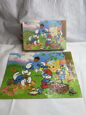 Vintage Smurf 100 Piece Puzzle Milton Bradley 1988 Picnic Complete 4190-9 - Image 1 of 4