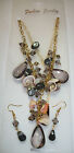 NOS Yellow Gold GT Dangly  Bead Shell & Stone Necklace & Earrings Set Black  #BL