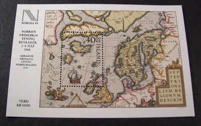 Hoja de recuerdo de Islandia Scott# 590 mapa norte de Europa MNH 1984 C365 Foto 1 de 2