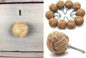 Set of 10 Jute Rope Knot Door Knobs/Drawer Pulls and Push Handle/Knobs for Cabin - Picture 1 of 4
