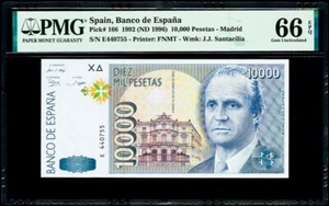 Spanien 10.000 Peseta 1992 (1996) 6-stelliger Buchstabe (E) Pick-166 EDELSTEIN UNC PMG 66 EPQ - Bild 1 von 2