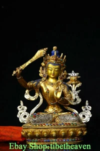 8,8 Zoll alte Tibet Silber Gold Intarsien Edelsteine Malerei Wenshu Manjushri Buddha Skulptur - Bild 1 von 9