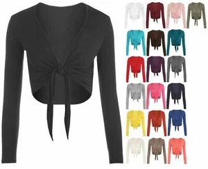 Women Long Sleeve Open Front Cropped Shrug Ladies Tie Up Front Casual Bolero Top - Picture 1 of 26