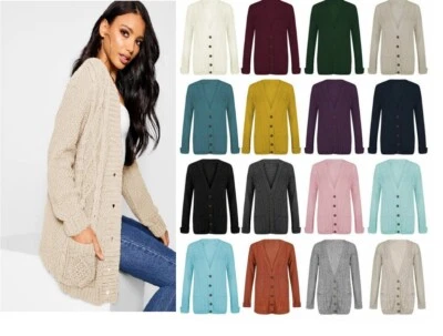 Knit Cardigan chunky Button Long Sleeves Grandad Womens Ladies Plus Sizes - Image 1 of 2