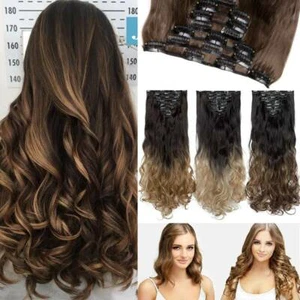 Real Natural Clip in Hair Extension Full Head 8Pc Piece As Human Full Head THICK - Picture 1 of 64