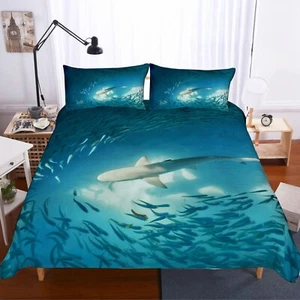 3D Shark Fish Ocean Blue Quilt Cover Set Duvet Cover Bedding Pillowcases - Picture 1 of 6