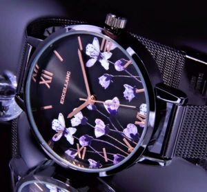 Excellanc Damen Mesh Armband Frauen Uhr Schwarz Blumen BU-6 - Bild 1 von 3