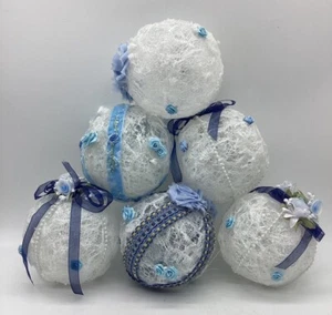 Vintage Handmade Blue & White Lacy Floral Christmas Ornaments Set Of 6 - Picture 1 of 24