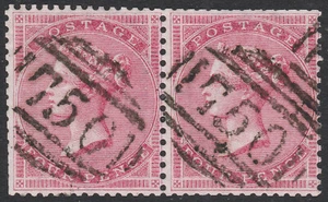 1857 SG66 4d DEEP ROSE CARMIN WMK STRUMPFBAND FEIN GEBRAUCHT PAAR STOURBRIDGE 750 STEMPEL - Bild 1 von 2