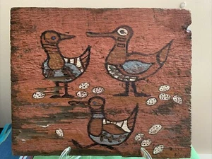 Rustic Birds & Eggs Drawn/ Painted on Wood Farmhouse Country Folk Art 11.5 x 14" - Picture 1 of 10