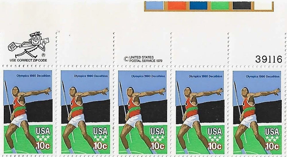 US Olympics Decathlon 10c Stamp Zip Plate Strip of 5 Scott #1790 - Image 1 of 1