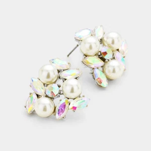 Elegante Pendientes de Plata Perforada, Perla y Piedra Fluorescente de 1" - Imagen 1 de 1