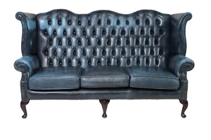 Sofa, British, Blue Leather, Wing Back, Button Tufted, Chesterfield Sofa!! - Picture 1 of 8