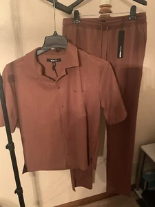 NovaMen Show Up Short Sleeve Cuban Shirt and Slim Slit Pants Chocolate M Set NWT - Picture 1 of 5