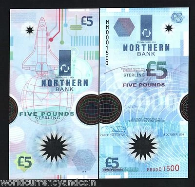 NORTHERN IRELAND 5 POUNDS P-203 1999 Commemorative POLYMER SPACE SHUTLE UNC NOTE - Image 1 of 4
