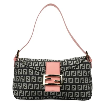Bolso de Hombro FENDI Vintage Zucchino Lona Jacquard Cuero Negro Gris Rosa Dorado Foto 1 de 4