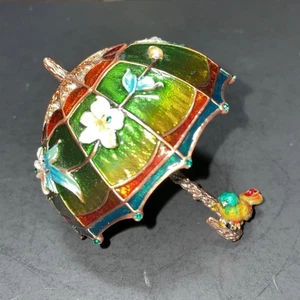 Umbrella Enamel Trinket Box with Bird Magnetic Removable Lid and Handle - Picture 1 of 12