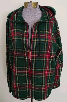 LL Bean Womens Flannel Hoodie Jacket Large Scotch Plaid Full Zip Pockets - Image 1 of 4