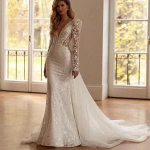 Vestidos de novia de lujo desmontables 2 en 1 encaje bordado cuentas sirena vestido de baile - Imagen 1 de 10