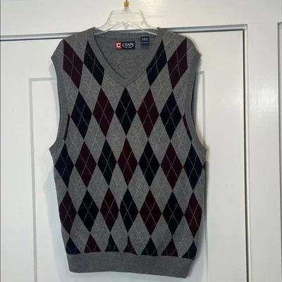 灰色和勃艮第色 V 领 Argyle 毛衣背心 — 第 1/4 张图片