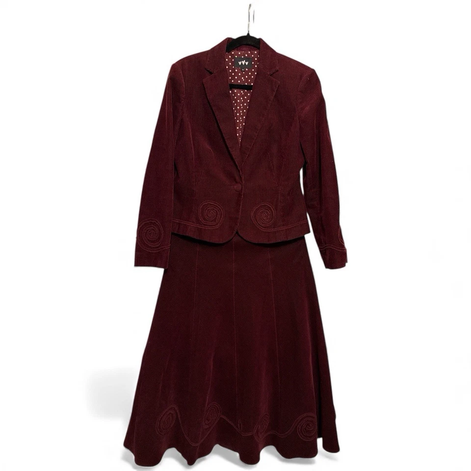 Marks & Spencer A Line Maxi Falda 10R Blazer Talla 12 Pana Borgoña Conjunto Retro Foto 1 de 4