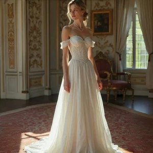 Century Wedding Dress Off-Shoulder Sweetheart Neckline Lace Applique Chiffon - Picture 1 of 10