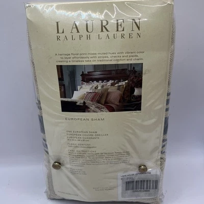 Ralph Lauren Lake House Euro Pillow Sham Tan Blue Stripe Herringbone 26”x26” NEW - Image 1 of 4
