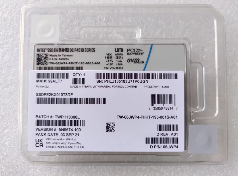 Dell Intel DC P4510 1TB NVMe/PCIe TLC 2.5in SSD 06JWP4 SSDPE2KX010T8DE - Image 1 of 1