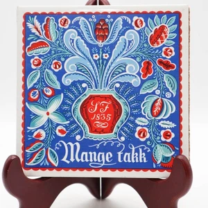 Vtg Swedish Folk Art Cork Backed Trivet Tile Mange Takk Thank You Design Scandi - Picture 1 of 3