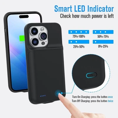  For iPhone 16 15 14 13 12 11 Pro Battery Charger Case Power Bank Charging Cover - Image 1 of 4