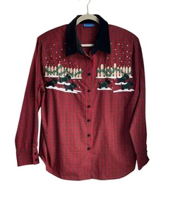 VTG Karen Scott XL Red Plaid Button-Up Shirt Christmas Embroidered Scottie Dogs - Picture 1 of 14