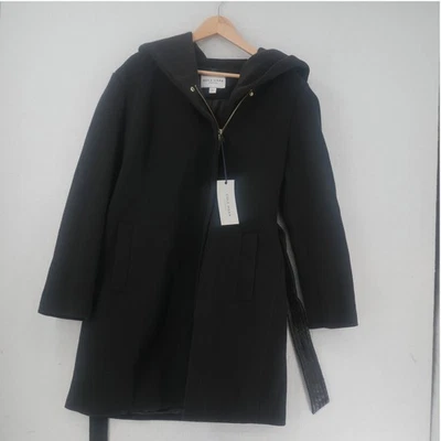  NUEVO Abrigo largo Cole Haan para mujer 14 con cinturón con capucha negro dorado cremallera  Foto 1 de 4