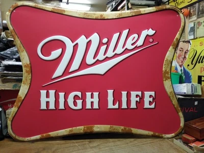 Large Miller High Life Beer Red White Metal Man Cave Bar Wall Sign 30 in x 23 in - Image 1 of 4