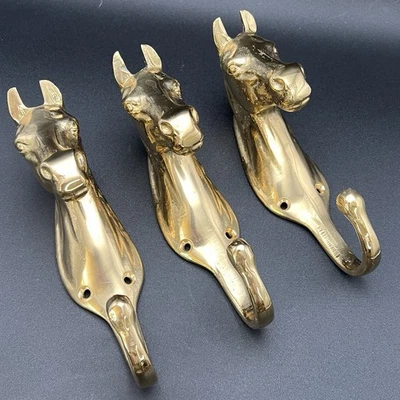 Brass Horse Head Wall Hooks Set of 3 Towel Coat Hook Hanger Heavy W/ Hardware - Image 1 of 4